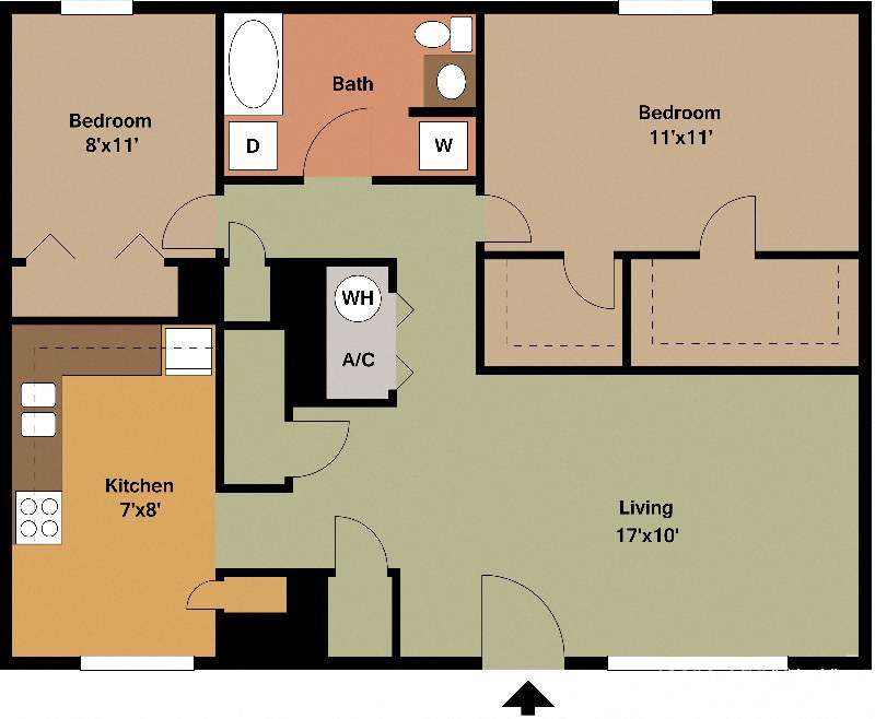 Floor plan for 2 beds, 1 bath, 900 sqft